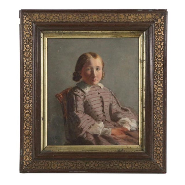 Gray Charles Mercier (French 1832 - 1909) Oil Painting on Board - Portrait of a Girl in Gray Silk Dress Dated 1857. For Sale - Image 8 of 9