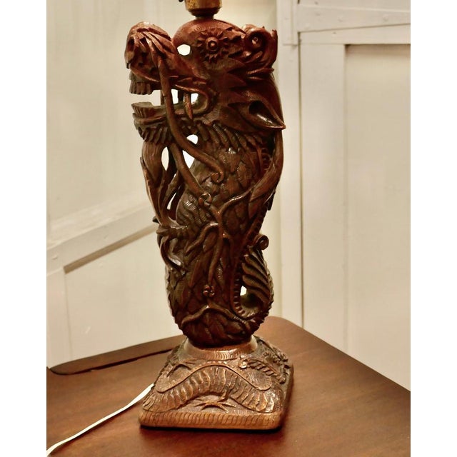Oriental Folk Art Carved Teak Dragon Lamp, 1930s For Sale - Image 4 of 12