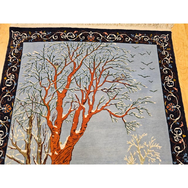 Vintage Persian Tabriz Pictorial Rug, Hand-Knotted Wool, Winter Forest Scene, Blue & Ivory, 4x6 For Sale - Image 9 of 16