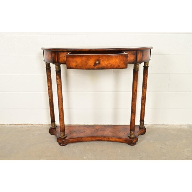 Late 20th Century Maitland Smith Style French Empire Burl Wood and Gold Gilt Demilune Console Table For Sale - Image 5 of 16