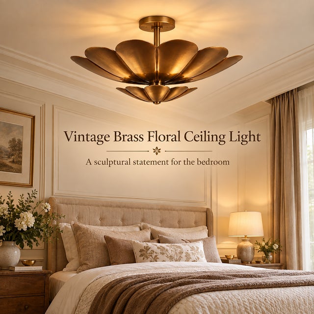 Handmade Brass Lotus Ceiling Light, Floral Scalloped Fixture, Antique Finish For Sale - Image 4 of 10