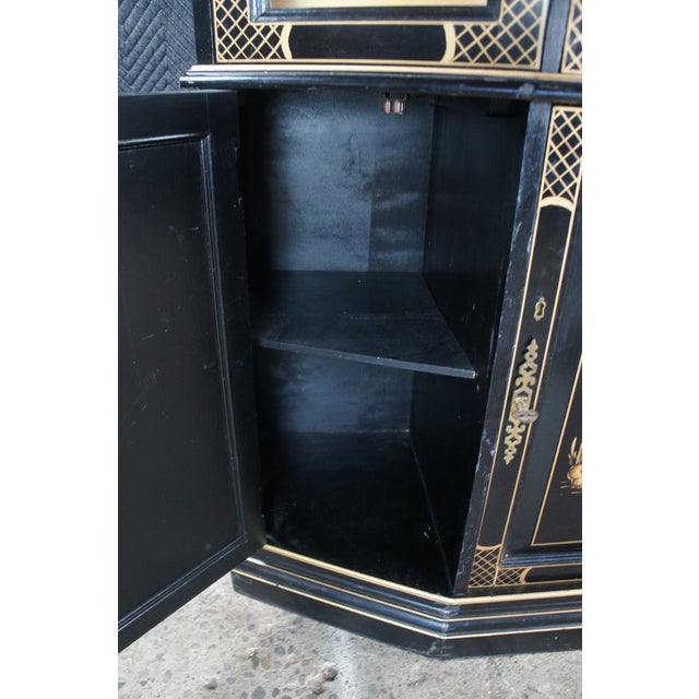 Vintage Jasper Black Lacquer Chinoiserie China Display Cabinet Pagoda Landscape, Attributed For Sale - Image 10 of 13