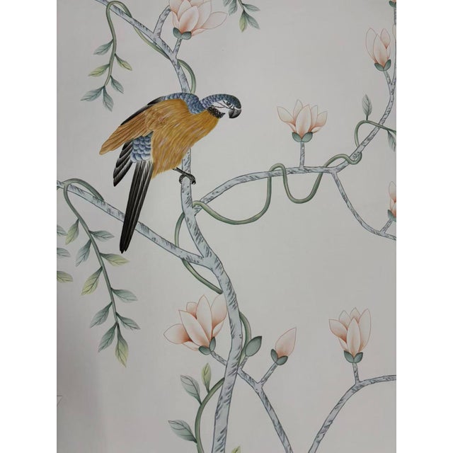 Chinoiserie Tropical Hand-Painted Wallpaper Panels, Soft Grey-Green Background With Exotic Floral, Bird & Monkey Mural, Set of 6 For Sale - Image 4 of 7