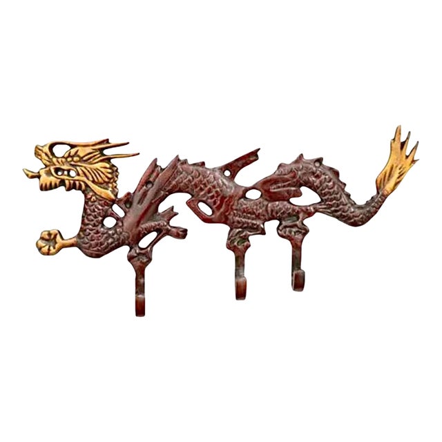 Chinoiserie Red Brass Dragon Wall Hooks Fixture For Sale