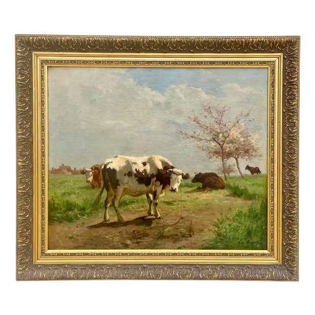 Aymar Alexandre Pezant, Cows in a Meadow in Spring, Oil on Canvas, Framed For Sale