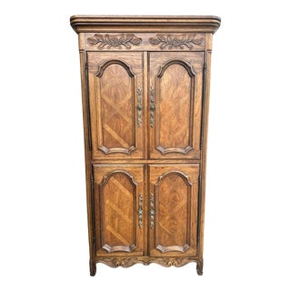 Drexel French Country ‘Cabernet’ Oak Carved and Parquet Armoire - Mid 20th Century For Sale