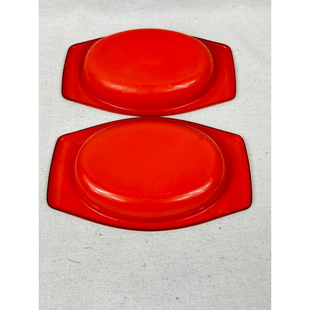 Paint Vintage Mid-Century Modern 1960s Dynasty Ware Red Enamel Baking Serving Dishes Wicker Holders-a Pair For Sale - Image 7 of 11