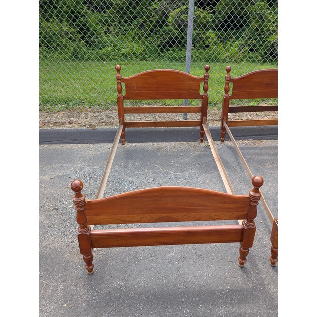 American Vintage Cannonball American Colonial Carved Cherry Wood Twin Size Bedframe - A Pair For Sale - Image 3 of 11