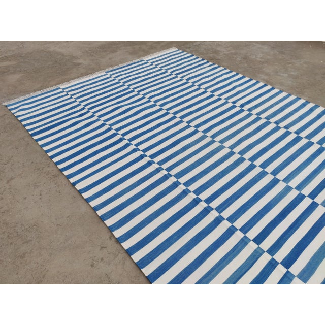 Sky Blue Handmade Cotton Striped Rug, Up Down Stripe Blue and White - 10'x11' For Sale - Image 8 of 10