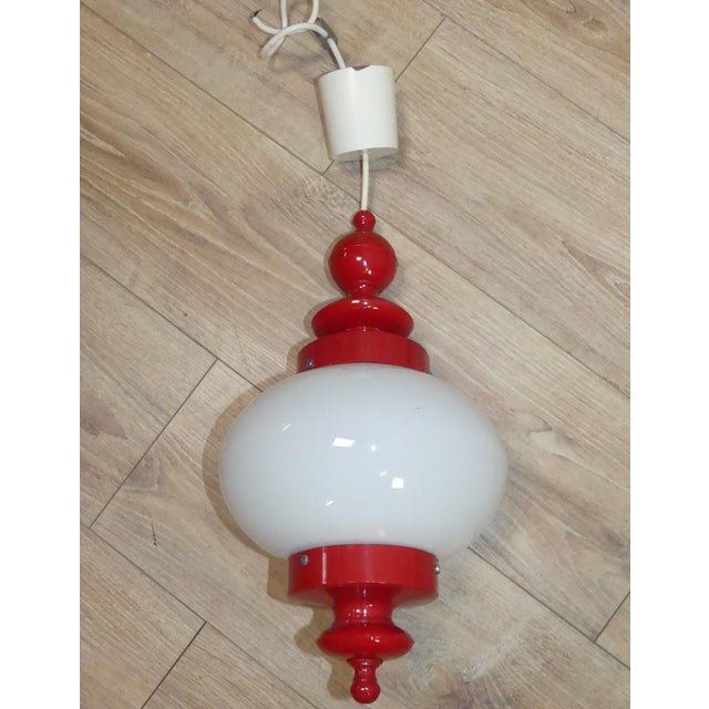 Adorable little 70s ceiling lamp gdr classic by hawill round frosted glass body with red plastic holder a timeless eye-...