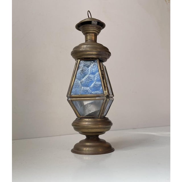 Art Deco Lantern in Brass and Etched Colored Glass, 1930s For Sale - Image 3 of 8