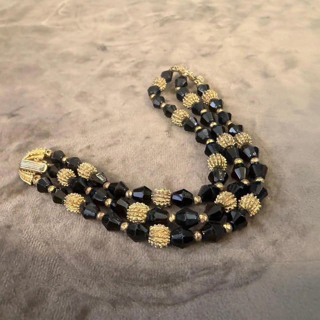 1980s Art Deco Style Black Cristal and Brass Multi Strand Bracelet by Trifari For Sale - Image 9 of 10