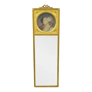 Antique French Louis XV Style Gold Gilt Wood Trumeau Mirror With Portrait Print