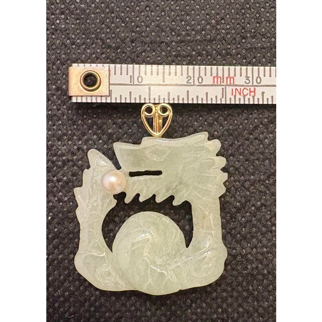 Metal 14k Gold Pendant of Carved Light Green Jade Dragon With Pearl For Sale - Image 7 of 8