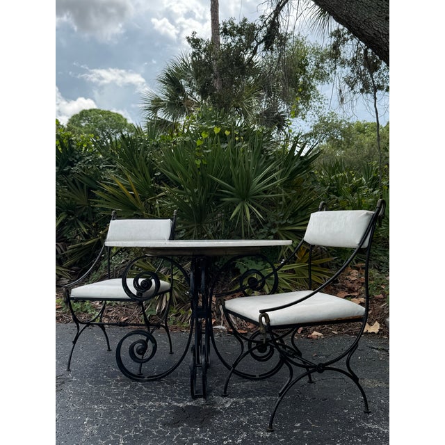 Mid-Century Modern Maison Jansen–Style Vintage Iron & Brass Bistro Set With Marble Top For Sale - Image 3 of 7