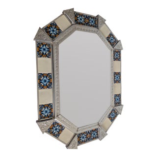 Vintage Mexican Hojalata Punched Tin Talavera Tile Mirror Signed For Sale