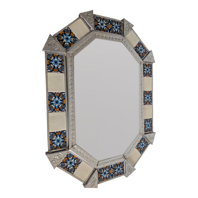 Vintage Mexican Hojalata Punched Tin Talavera Tile Mirror Signed For Sale