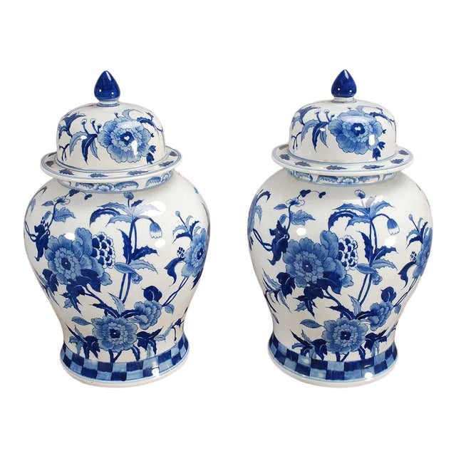 Blue and White Floral Lidded Temple Jars - a Pair For Sale