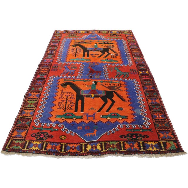 Tribal Vintage Persian Gharabagh Pictorial Rug - 04'05 x 07'04 For Sale - Image 3 of 9