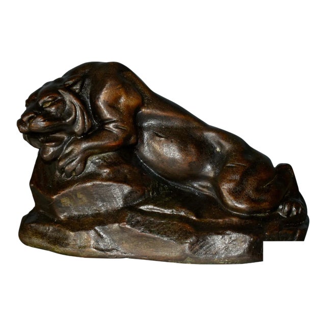 Vintage Signed Bronzed Lion Figure For Sale