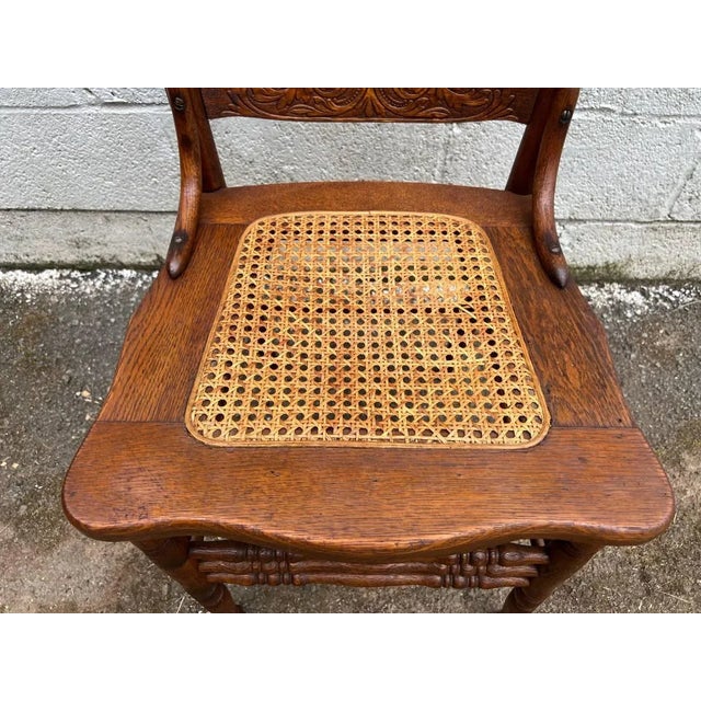 Early 20th Century Set of 8 Antique Oak Press Back Cane Seat Dining Chairs For Sale In Washington DC - Image 6 of 13