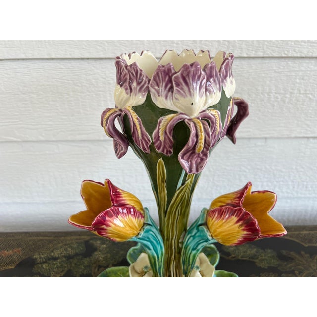Antique French Majolica Vase Centerpiece Onnaing Art Nouveau Iris Tulip C1900 For Sale - Image 13 of 18