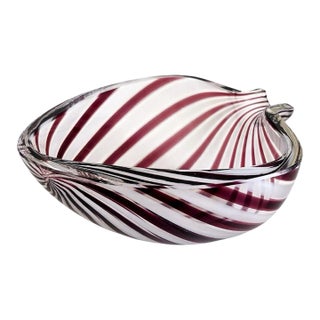 Vintage Italian Murano Art Glass Purple Candy Stripe Dish Bowl For Sale