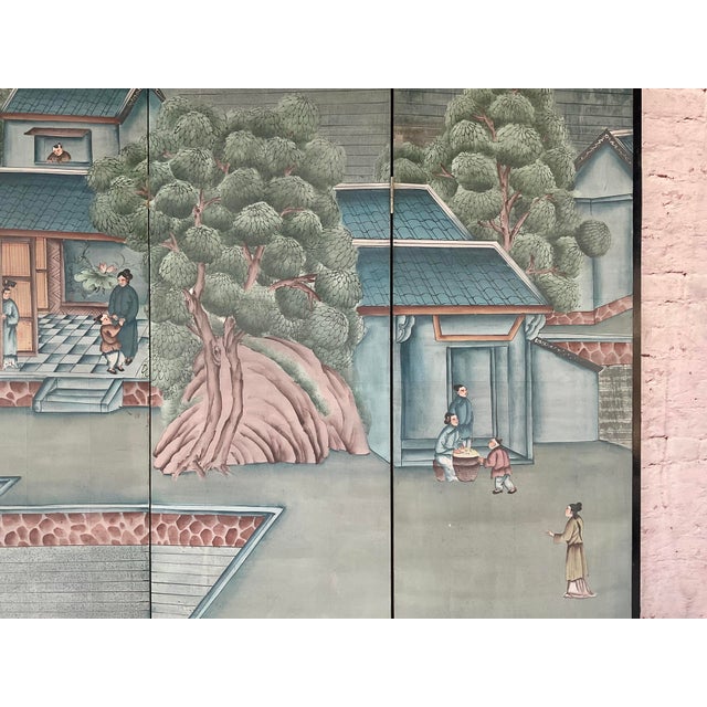 Antique Chinese Export Six Panel Watercolor Floor Screen, Hand-Painted For Sale - Image 9 of 12