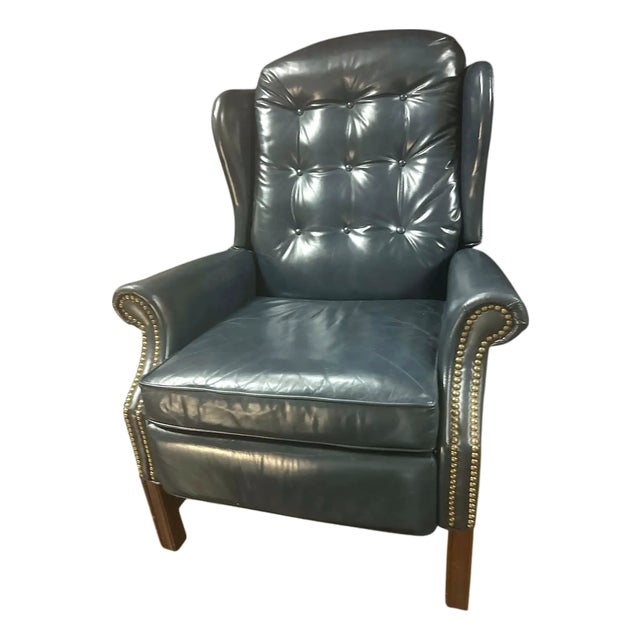 Vintage Leather Wingback Button Tufted Recliner With Mahogany Frame and Brass Nailhead Trim - Dark Blue - Excellent Condition For Sale