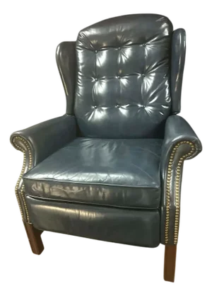 Vintage Leather Wingback Button Tufted Recliner With Mahogany Frame and Brass Nailhead Trim - Dark Blue - Excellent Condition