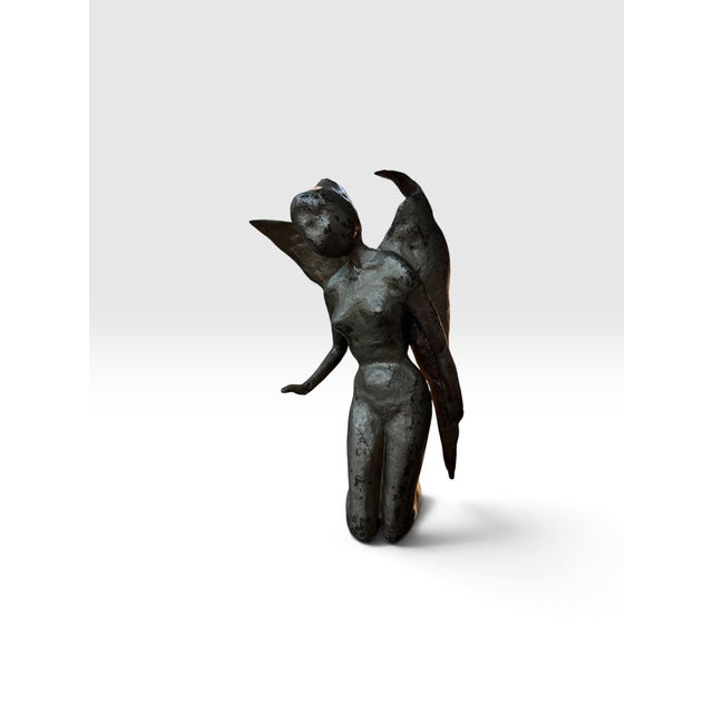Late 20th Century Signed & Dated 1997 Modernist Bronze Kneeling Angel Sculpture For Sale - Image 5 of 10