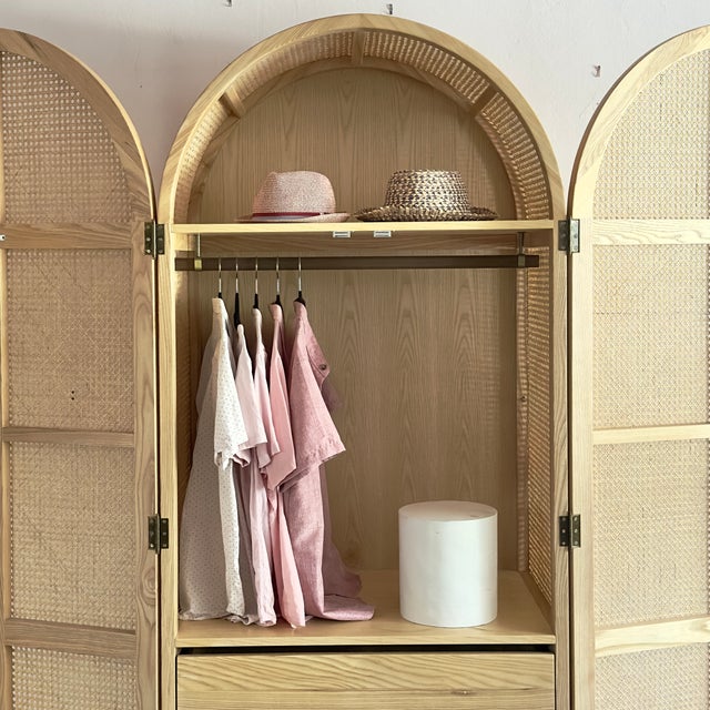 Boho-Chic Arched Natural Rattan & Solid Wood Double-Door Wardrobe Armoire For Sale - Image 9 of 18