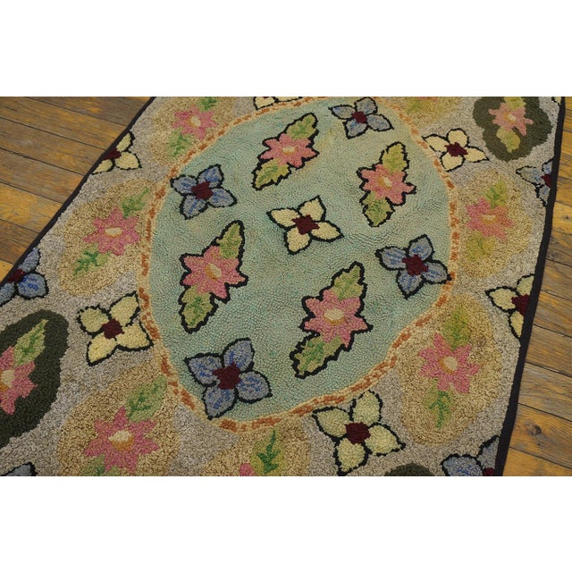 Wonderful Tan Beige Color With Flowery and Oval Patters Desing Antique American Hooked Rug For Sale - Image 4 of 6