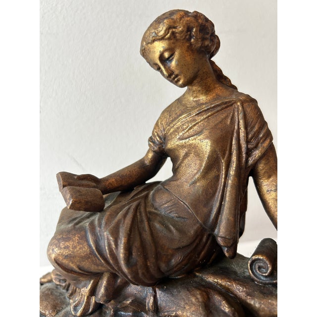 Antique Victorian Neoclassic Gilted Spelter Figure of Reading Woman For Sale - Image 11 of 11