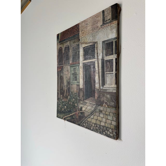 1947 Vintage European Courtyard Oil Painting on Canvas, Signed For Sale - Image 4 of 12