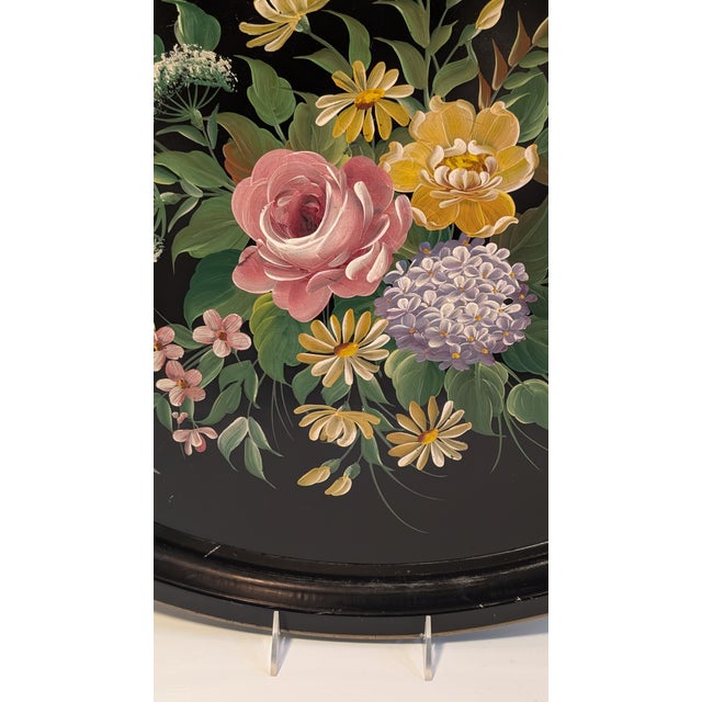 1950s 1950s Large Vintage Black Background Oval Toleware Tray For Sale - Image 5 of 7