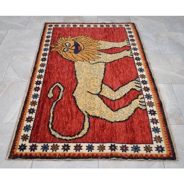 Quirky Lion Oushak Rug 3x5, Whimsical Folk Art Wool Rug, Terracotta Red Turkish Area Rug, Small Hand Knotted Leopard Rug for Entryway 3'5" X 5'1" For Sale - Image 4 of 16