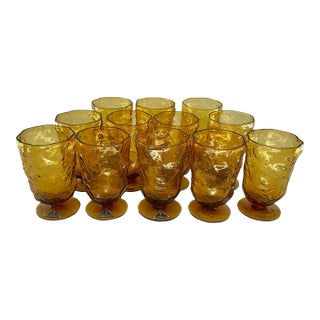 Set of 12 Vintage Mid Century Morgantown Amber Crinkled Glasses For Sale