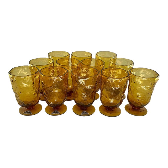 Set of 12 Vintage Mid Century Morgantown Amber Crinkled Glasses For Sale