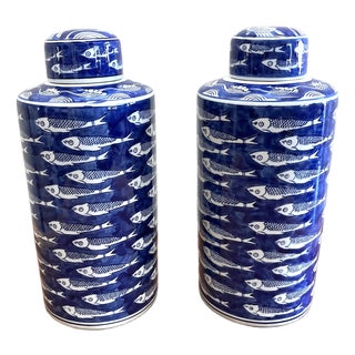 Schaol Blue and White Ceramic Ginger Jars With Fish Design - Set of Two For Sale