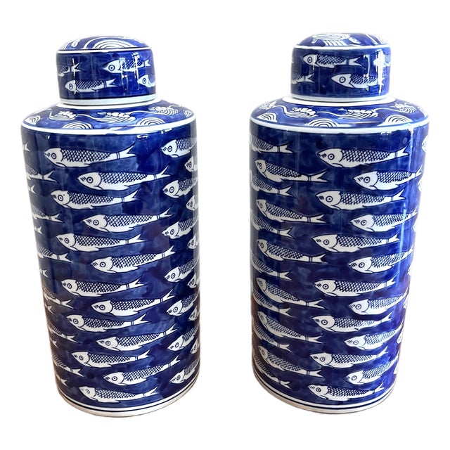 Schaol Blue and White Ceramic Ginger Jars With Fish Design - Set of Two For Sale