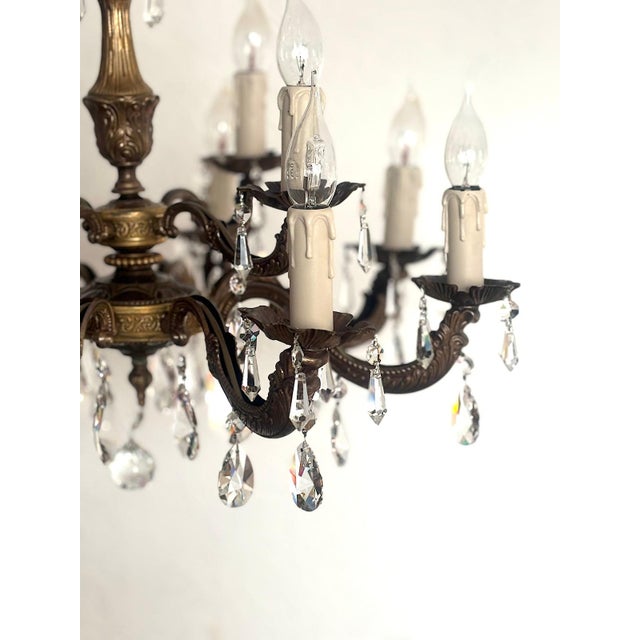Antique French Brass and Lead Crystal Twelve-Light Chandelier, 1920s For Sale - Image 3 of 11