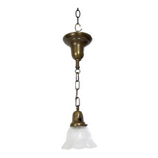 Early 20th Century Brass Pendant With Acid Etched Glass Shade For Sale
