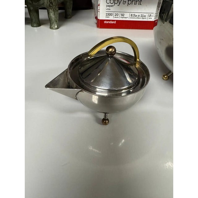 Mid-Century Modern Late 20th Century Carsten Jorgensen for Bodum Stainless Steel and Brass Ball Tea Set (3 Pcs) For Sale - Image 3 of 10