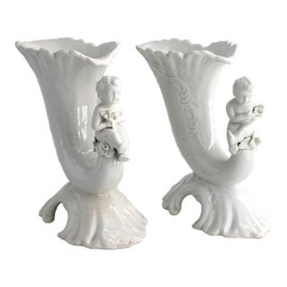 Vintage Pair of Italian Cherub Putto Cornucopia Porcelain Vases For Sale