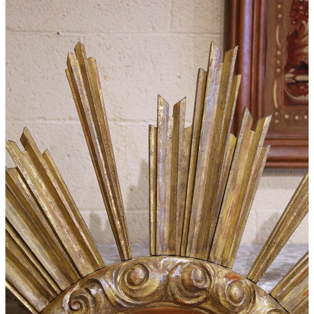 Italian Large Vintage Italian Giltwood Sunburst Mirror With Carved Scroll Frame For Sale - Image 3 of 8