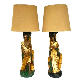 Large Vintage Mid Century Hawaiian Figural Man & Woman Chalkware Plaster Lamps-Pair From Plastart For Sale