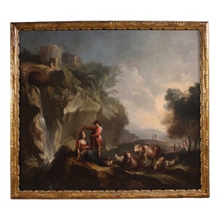 Italian Artist, Landscape with Pastoral Scene and Figures, 1750, Oil on Canvas For Sale