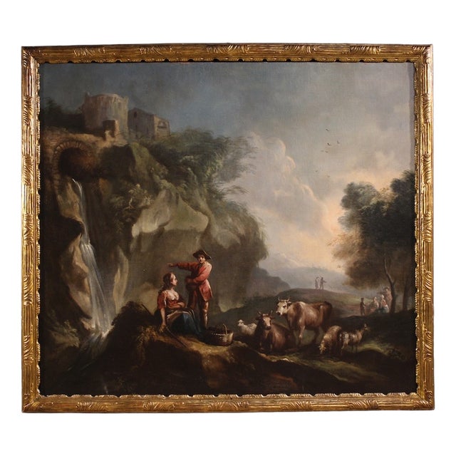 Italian Artist, Landscape with Pastoral Scene and Figures, 1750, Oil on Canvas For Sale