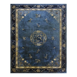1920s Classic Chinese Symbols Navy Blue Open Field Antique Peking Room Size Rug For Sale